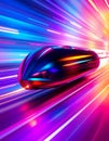 An object in dynamic motion, with bold metallic and vibrant line work, speeds along a blurred gradient colors, neonlit haze Royalty Free Stock Photo