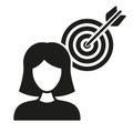 Object Oriented and Focused Woman Silhouette Icon. Female with Goal Glyph Pictogram. Human Strategy, Dartboard and Arrow Royalty Free Stock Photo