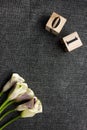 Object shooting from a flower bouquet and wooden cubes with numbers . The subject picture