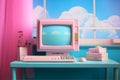 Digital concept computer business object blue retro monitor cyberspace office pink technology