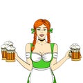 Object on white background Germany Girl waitress carries five beer glasses. Concept oktoberfest. Comic book style