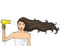 Object on white background. A girl with long hair dries a hairdryer. Advertising of shampoo. raster