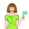 Object on white background Happy young girl with the Ukrainian flag, looking at the camera. Comic style imitation Royalty Free Stock Photo