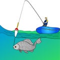 Object on white background man who fishing in open sea. Fishing cartoon. Fisherman in boat pulling fish. Royalty Free Stock Photo