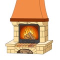 Object on white background raster. A brick fireplace burns a tree. Works and heats. The background is red.