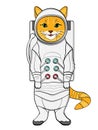 Object on white background. Red cat in a spacesuit and cosmonaut costume. raster imitation comic style