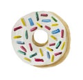 Watercolor donut in white glaze with an accent from sweet colored crumbs.