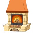 Object on white background vector. A brick fireplace burns a tree. Works and heats. The background is red.