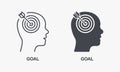 Objective Focused Person Symbol Collection. Goal, Focus, Target, Aim Silhouette and Line Icon Set. Arrow in Human Brain Royalty Free Stock Photo