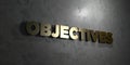 Objectives - Gold text on black background - 3D rendered royalty free stock picture