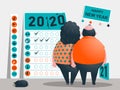 The objectives, plan and goals for the years 2020 - 2021. Calendar of useful and bad habits and addictions. Funny fat characters. Royalty Free Stock Photo