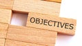 Objectives written on wood blocks. Business concept.A piece of wood with text OBJECTIVES