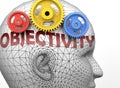 Objectivity and human mind - pictured as word Objectivity inside a head to symbolize relation between Objectivity and the human