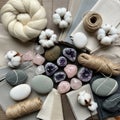 And objects arranged on a surface include natural cotton bolls wool Royalty Free Stock Photo