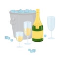 With objects: champagne, glasses, empty glass, ice bucket, ice. Design elements isolated on white Royalty Free Stock Photo