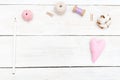 Objects for creativity on a white wooden background. Sewing copy Royalty Free Stock Photo