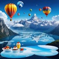 of objects floating in ther with mountains and clouds in the background and a