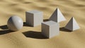 The objects include two pyramids, two cubes, and a sphere, all in a neutral Royalty Free Stock Photo