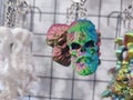 Objects keychains in form of skull of a man models of toys printed on 3D printer Royalty Free Stock Photo