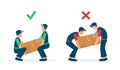 Vector of movers workers load heavy boxes safety with correct body ergonomic positions vs wrong posture