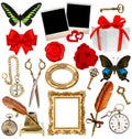 Objects for scrapbook. clock, key, photo frame, butterfly Royalty Free Stock Photo