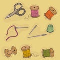 Objects Sewing vector. Threads, thimble scissors, needles.