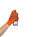 Objects tool hands action - Aerosol spray paint in the hand of the worker in glove. Isolated