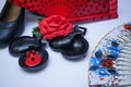 objects used in the flamenco fan, castanets and high heeled shoes Royalty Free Stock Photo