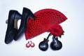 objects used in the flamenco fan, castanets and high heeled shoes Royalty Free Stock Photo