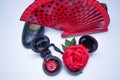 objects used in the flamenco fan, castanets and high heeled shoes Royalty Free Stock Photo