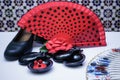 objects used in the flamenco fan, castanets and high heeled shoes Royalty Free Stock Photo