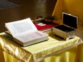 Objects of worship on the table in the Orthodox Church.