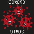 Evil coronavirus in color version. Vector illustration. Hand drawn style.