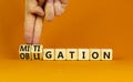 Obligation and mitigation symbol. Businessman turns wooden cubes changes the concept word obligation to mitigation. Beautiful