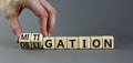 Obligation and mitigation symbol. Businessman turns wooden cubes changes the concept word obligation to mitigation. Beautiful grey