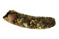 Oblong empty house, cobbled with Trichoptera caddisfly from small colored river stones on a white background. The Biya River, Alta