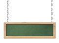 Oblong green blackboard with bright wooden frame hanging on chains