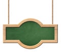 Oblong green blackboard with bright wooden frame with rounded shape and hanging on ropes Royalty Free Stock Photo