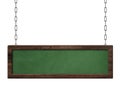 Oblong green blackboard with dark wooden frame hanging on chains