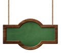 Oblong green blackboard with dark wooden frame with rounded shape and hanging on ropes