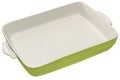 Ceramic Casserole Baking Pan with Green External and Off White Internal Surfaces Isolated On White Background
