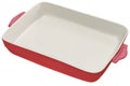 Ceramic Casserole Baking Pan with Crimson Red External and Off White Internal Surface Isolated On White Background Royalty Free Stock Photo