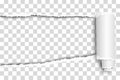 Oblong snatched hole in transparent sheet of paper from left side to right side with paper curl. Vector paper template design