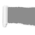 Oblong torn hole from right to left in white sheet of paper with shadow and paper curl. Dark gray resulting background. Vector Royalty Free Stock Photo