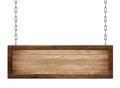 Oblong wooden board with dark frame made of natural wood hanging on chains Royalty Free Stock Photo