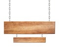 Oblong wooden double sign made of natural wood hanging on chains