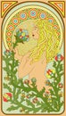 Art Nouveau Woman Floral Card, Vector