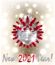 Xmas ball New 2021Year coronavirus Covid-19 with medical mask background Royalty Free Stock Photo