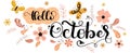 Hello OCTOBER. October months of the year text hand lettering with flowers, leaves and butterfly. Illustration October Royalty Free Stock Photo