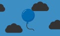 Illustration of a blue balloon floating in a night sky with rain clouds. Sadness and melancholy.